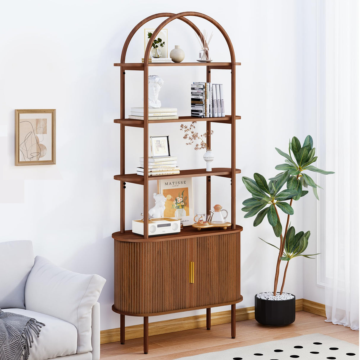 Turtle&Myrtle Tall Arched Bookshelf, Mid Century Modern Fluted Bookcase Cabinet with Sliding Doors, Curved Metal Frame Bookcase, Industrial Storage Display Shelving for Living Room, Bedroom (Walnut) Turtle&Myrtle