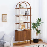 Turtle&Myrtle Tall Arched Bookshelf, Mid Century Modern Fluted Bookcase Cabinet with Sliding Doors, Curved Metal Frame Bookcase, Industrial Storage Display Shelving for Living Room, Bedroom (Walnut) Turtle&Myrtle