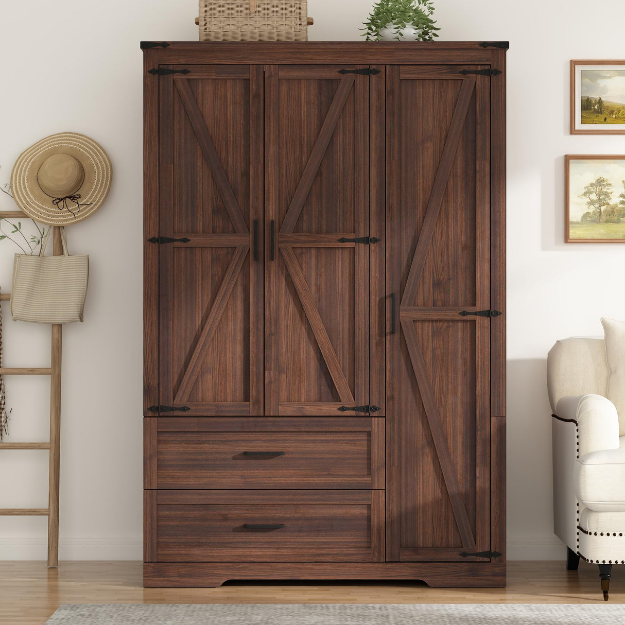 Farmhouse Wardrobe Armoire Closet with 3 Doors and 2 Drawers, 70.1" Wooden Clothing Storage Cabinet, Freestanding Large Capacity Storage Wardrobe Armoire with Hanging Rod for Bedroom, Brown St.Mandyu