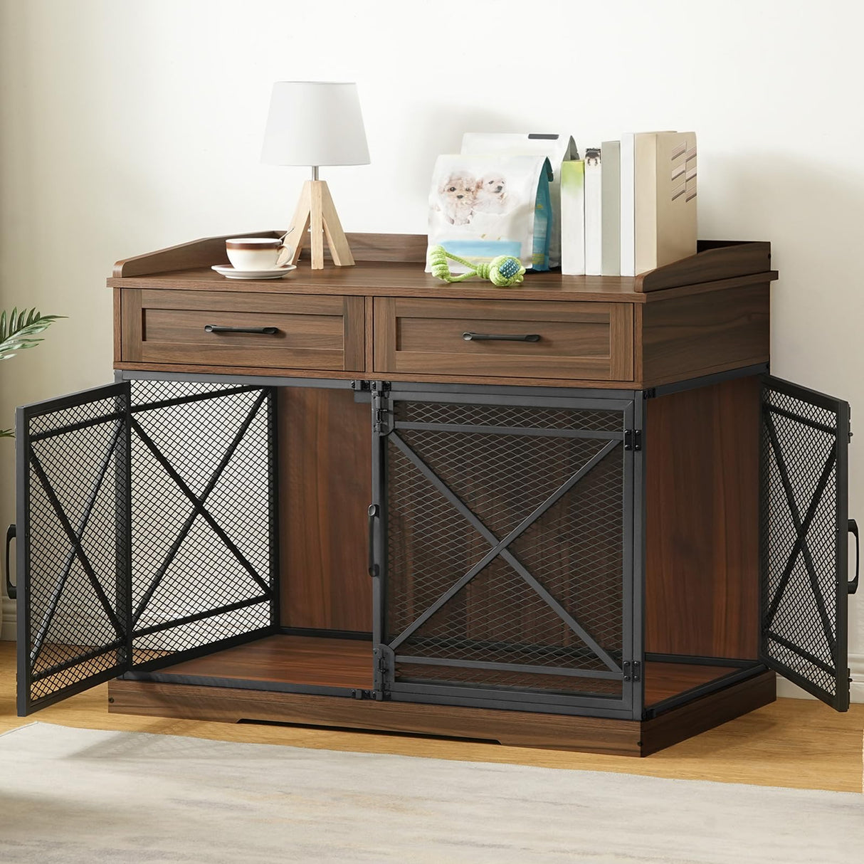 HOOBRO 43.3” Dog Crate Furniture, XL Heavy Duty Dog Kennel with Drawers, Wooden Crate Indoor Side End Table for Medium to Large Dogs, Triple Door Design, Walnut and Black HOOBRO