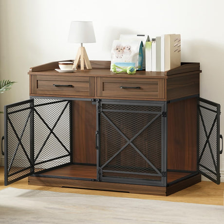 HOOBRO 43.3” Dog Crate Furniture, XL Heavy Duty Dog Kennel with Drawers, Wooden Crate Indoor Side End Table for Medium to Large Dogs, Triple Door Design, Walnut and Black HOOBRO