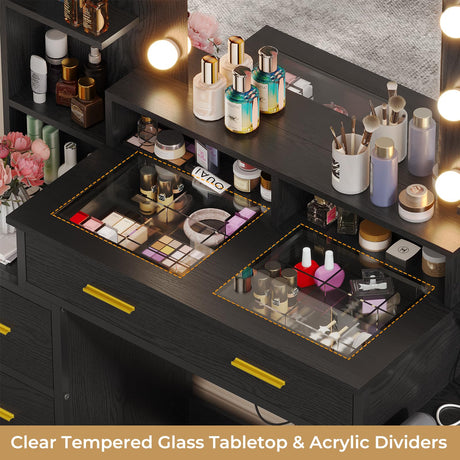 BTHFST Vanity Desk with Lights, Mirror, Charging Station - Black Wood Grain BTHFST