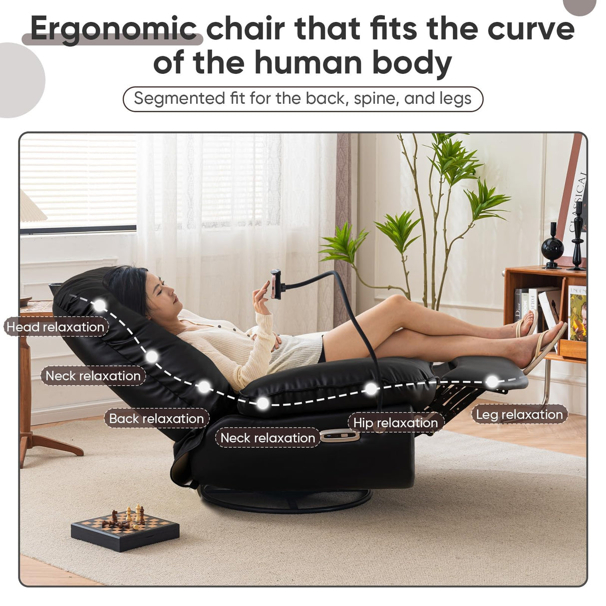 Oversized Electric Recliner Chair, 360 Swivel Rocking Glider Rocker for Adults Modern Ergonomic Lounge for Living Room Phone Stand& Smart Control Theater Seating (Black, Silicone Leather) Deolme