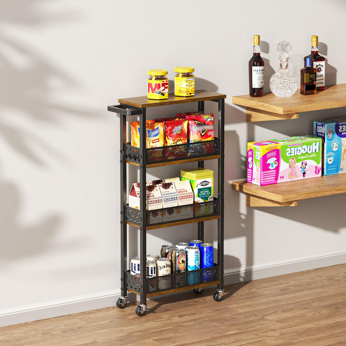 Giwil 4-Tier Slim Rolling Storage Cart for Kitchen Bathroom Organizer, Mobile Narrow Storage Cabinet Utility Cart with Wood Rack on Wheels for Pantry Laundry Small Space Giwil