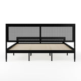 Martha Stewart Jax Platform Bed with Rattan Headboard and Footboard, Solid Wood Frame, Wooden Support Slats, No Box Spring Needed, King Size, Black Martha Stewart