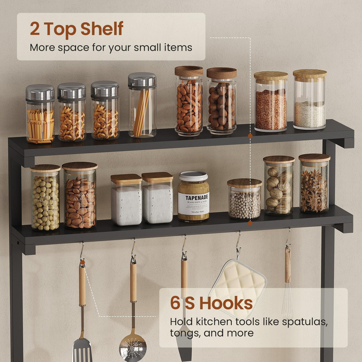 Itaar Kitchen Island with Storage, Rolling Kitchen Island Cart with Shelves and Drawers, Towel Rack, 8 S Hooks, Kitchen Cart on Wheels, for Home, Dining Room, Black Itaar