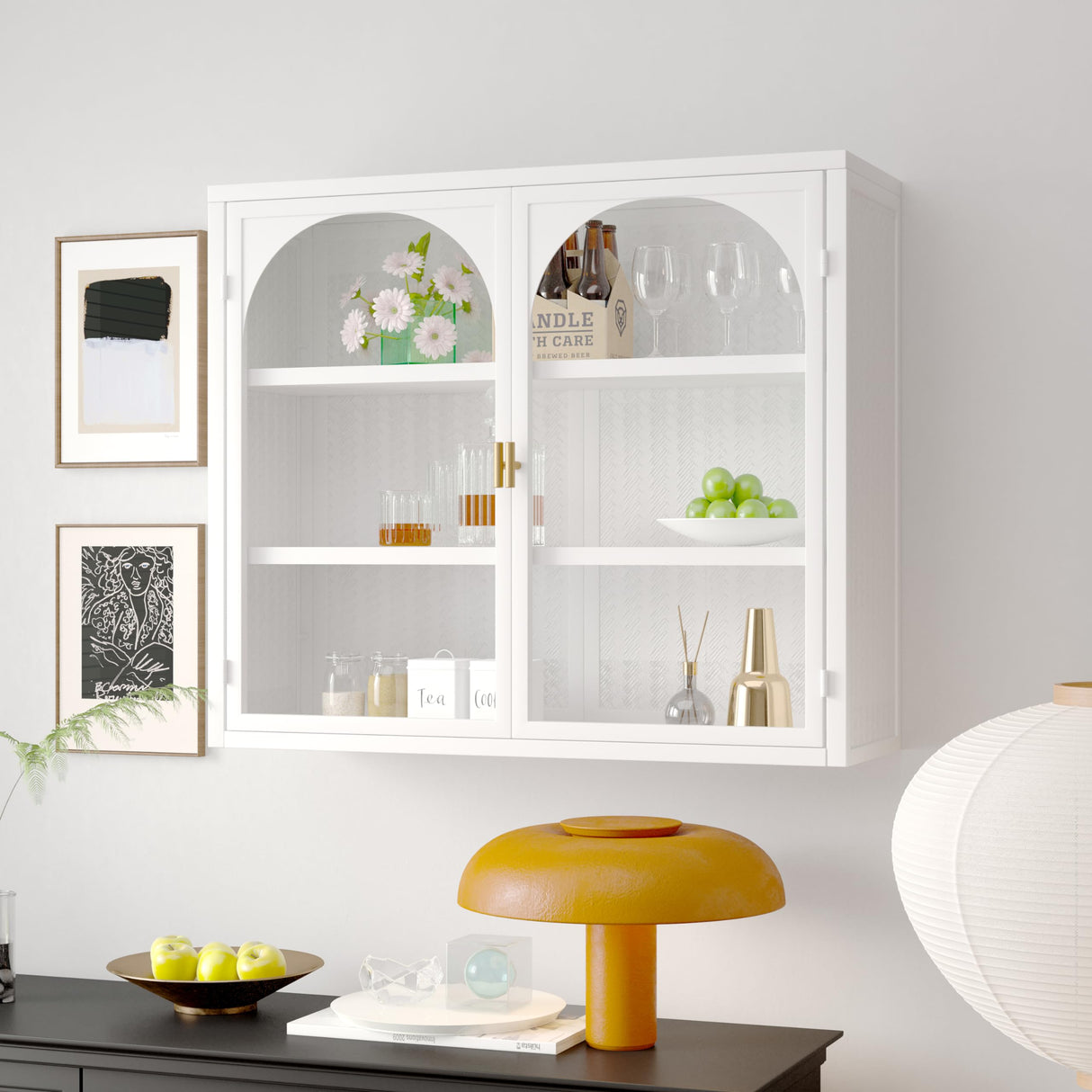 Retro Style Haze Double Glass Door Wall Cabinet with Detachable Shelves for Office, Dining Room,Living Room, Kitchen and Bathroom Mint White Wetiny