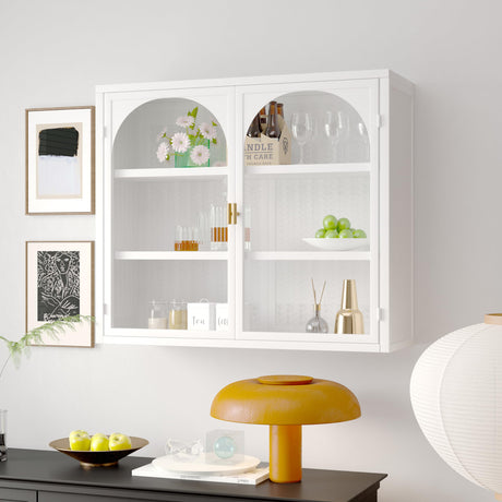 Retro Style Haze Double Glass Door Wall Cabinet with Detachable Shelves for Office, Dining Room,Living Room, Kitchen and Bathroom Mint White Wetiny