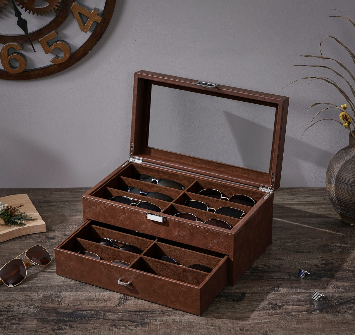 BEWISHOME Sunglasses Organizer, 12 Slots Sunglasses Case for Women Men, Eyeglasses Eyewear Display Case with Clear Glass Top, Faux Leather,Brown SSH48Z BEWISHOME