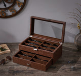 BEWISHOME Sunglasses Organizer, 12 Slots Sunglasses Case for Women Men, Eyeglasses Eyewear Display Case with Clear Glass Top, Faux Leather,Brown SSH48Z BEWISHOME