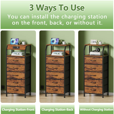 Furnulem 5 Drawers Dresser with Charging Station, Tall Night Stand with Storage Shelf, Fabric Chest of Drawers, Bedside Table for Closet, Entryway, Bedroom Furniture, 3 Ways to Use, Rustic Brown Furnulem
