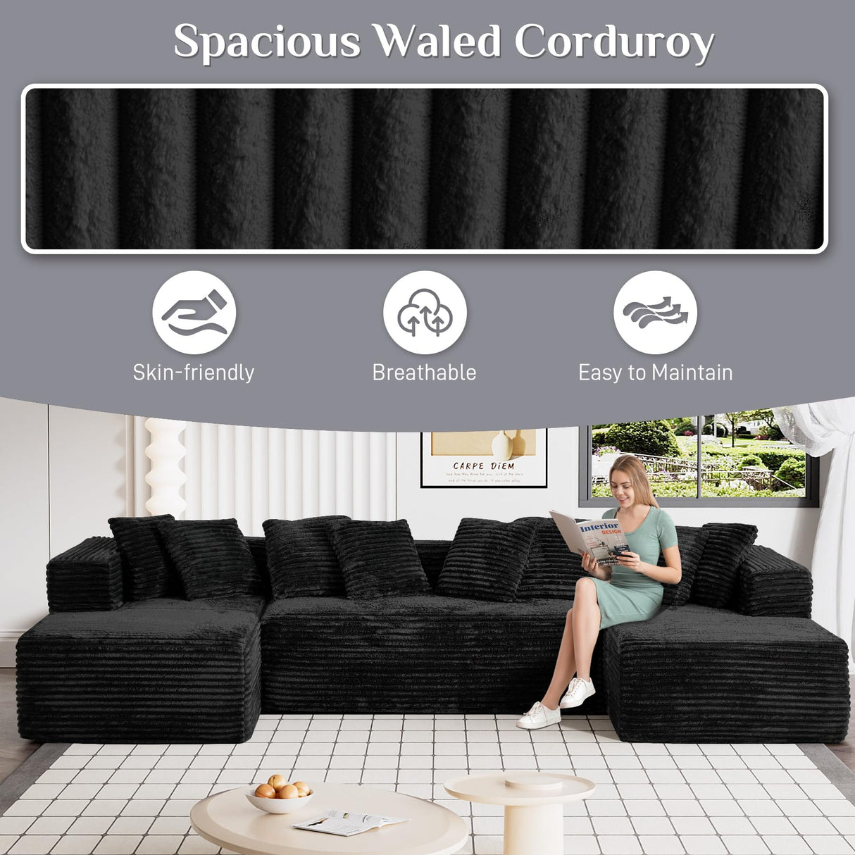 ONEMMLION Modular Sectional Sofa Cloud Couch, 131" Black Boneless Couches for Living Room, Comfy Deep Seat Plush Corduroy Sofa, Modern Fluffy Memory Foam U Shape Sectional Couch with Chaise Lounge ONEMMLION