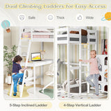 KOMFOTT Solid Wood Twin Loft Bed with Integrated Study Desk and Dual Ladders - Space-Saving Design for Teens and Adults (White) KOMFOTT