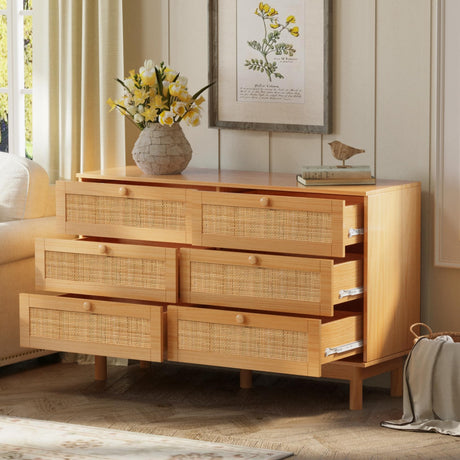 Bliss Homey 6 Drawer Dresser for Bedroom, Rattan Natural Wooden Dresser, 48" Wide Boho Chest of Drawers, Double Dresser with Wood Storage Organizer for Closet, Living Room, Hallway Bliss Homey