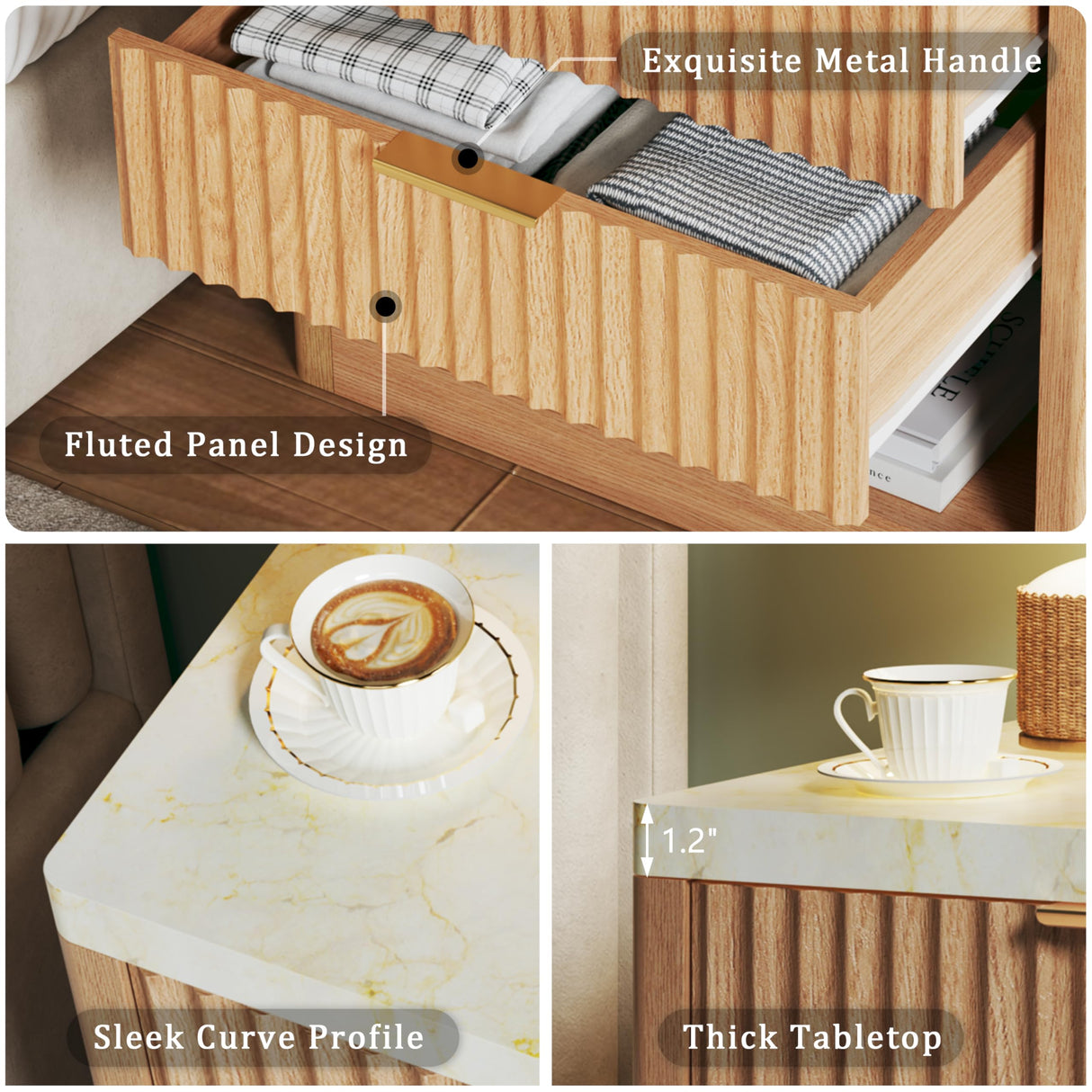 Fluted Nightstand with 2 Drawers, 24'' Night Stand with Wireless Charging Station, Mid Century Modern Side Table with Faux Marble Top, Large Wooden Bedside End Table for Bedroom, Oak HUAHUU