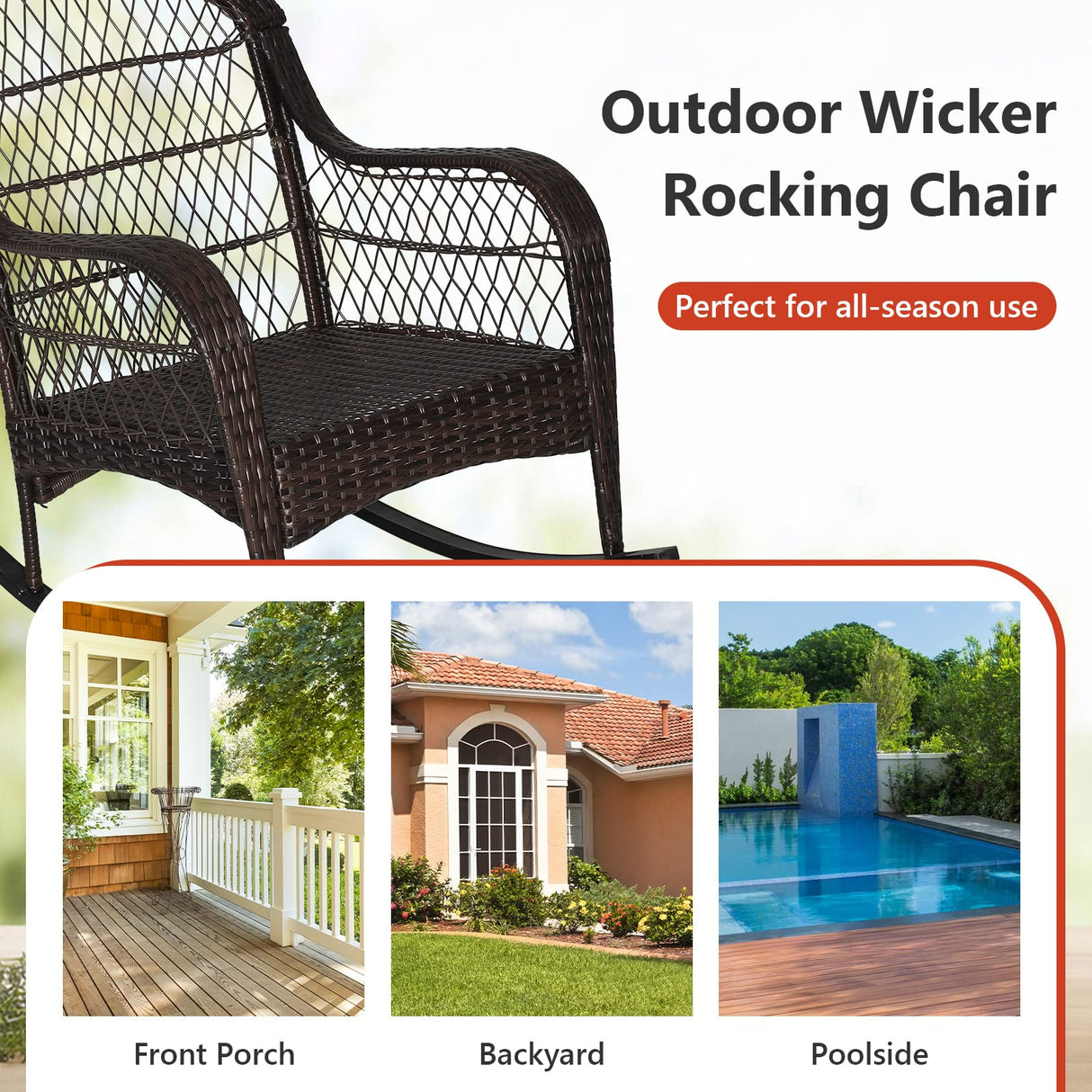MEDIMALL Outdoor Wicker Rocking Chair, Patio Rattan Rocker w/Lumbar Pillow, Padded Seat & Back Cushions, Metal Frame, Mix Brown Wicker Furniture for Balcony, Porch, Deck, Backyard (Red) MEDIMALL
