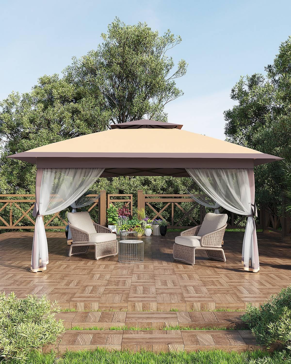 Garveelife Canopy Tent 13x13, Pop Up Gazebo Tent Easy Setupwith 4 Sand Bags for Backyard Garden Patio,Mosquito Netting & Height Adjustable - Khaki Garveelife