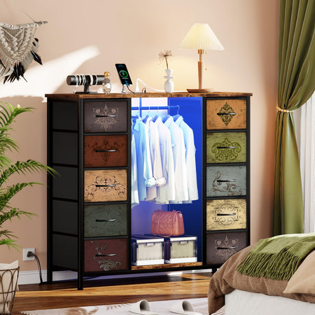 VASICAR 10 Drawers Dresser for Bedroom with Hanging Rack, Wood Top Chest of Drawers with Charging Station LED Lights, Colorful Clothes Organizer Storage Drawer Units for Closets, Nursery VASICAR