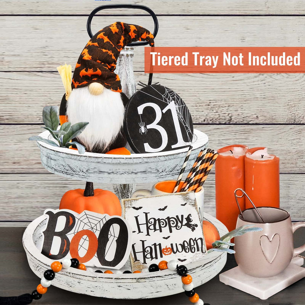Halloween Decor - Halloween Decorations - BOO Happy Halloween Wooden Signs - Cute Gnomes Plush and Bead Garland - Farmhouse Rustic Tiered Tray Decor Items for Home Table House Room ORIENTAL CHERRY