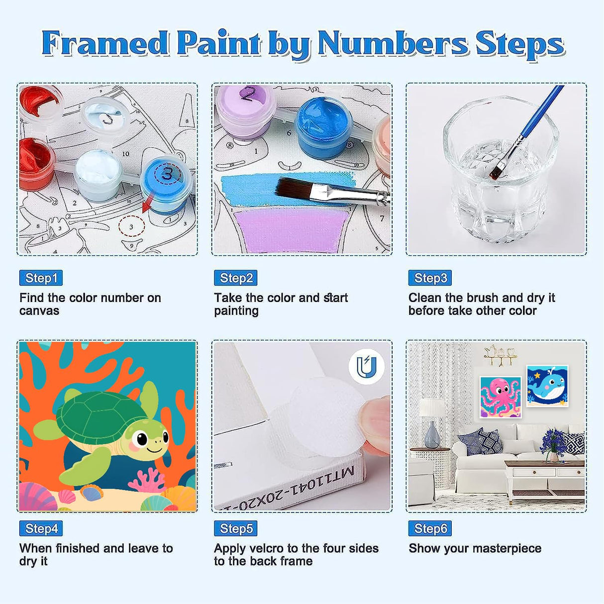 KYOQFVN Framed 4 Pack Paint by Number for Kids - Easy Octopus Whale Turtle Seahorse Paint by Numbers for Kids，DIY Acrylic Oil Painting Kits for Home Wall Decor (8X8inch) KYOQFVN