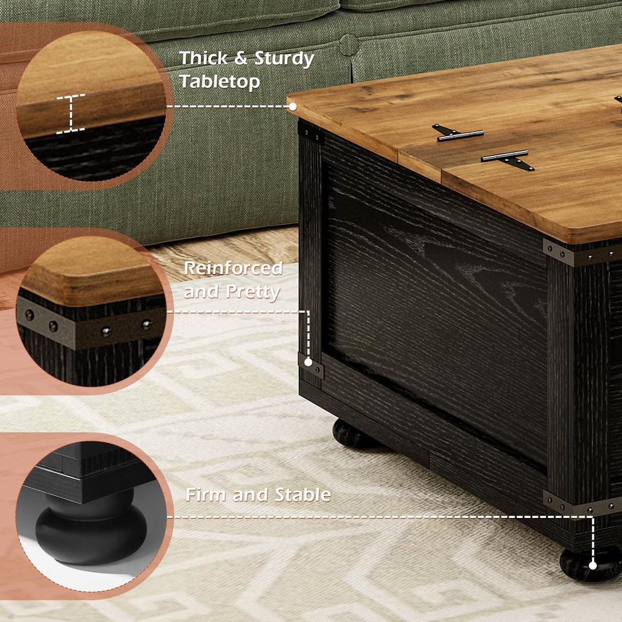 MaverickFurni Farmhouse Coffee Table with Storage, Lift Coffee Tables for Living Room, Square Coffee Table with Wood Gourd Feet and Hydraulic Gas Rod (Black) MaverickFurni