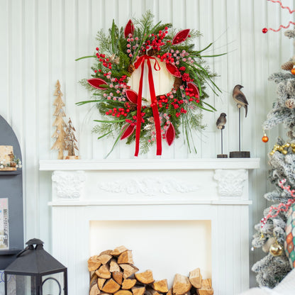 Pre-lit Christmas Wreath with Lights,Outdoor Christmas Wreaths for Front Door-22 Inch Xmas Door Wreath with Pine Needles Pine Cones and Red Berries- Farmhouse Home Christmas Decorations