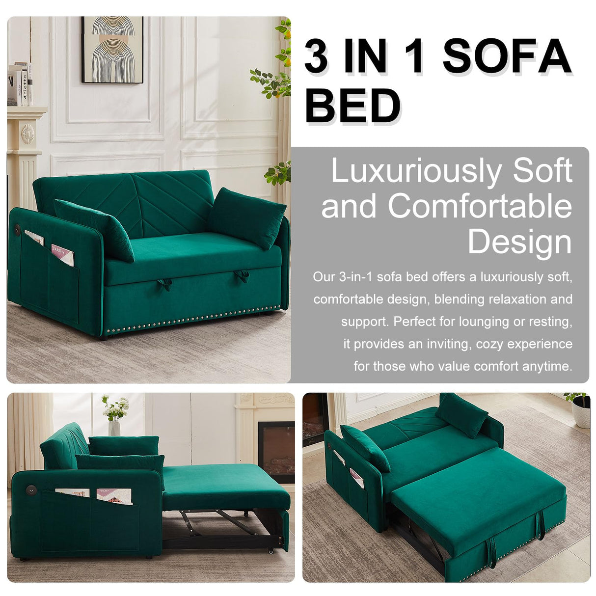 howcool 3 in 1 Convertible Sleeper Futon Sofa Bed, 55" Velvet Small Loveseat Lounge Couches with 2 Pillows, Reclining Backrest, USB Ports & Side Pockets for Living Room, Pull-Out Couch, Green howcool