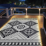 8x10ft Waterproof Outdoor Rug with LED Lights, Boho Reversible Plastic Straw Mat for Patio RV Camping Picnic Balcony Beach Deck Indoor Outdoor Carpet, Black&White DiiKoo