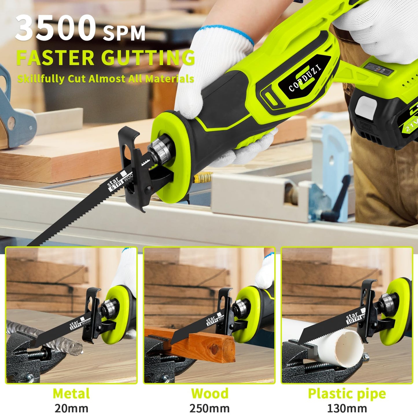 COPDUZI Cordless Reciprocating Saw,Brushless Cordless Saws With 21V 4.0Ah Battery Powered Electric, 0-3500SPM Variable Speed,12 Saw Blades Kit for Wood/Metal/PVC Cutting Included - WoodArtSupply