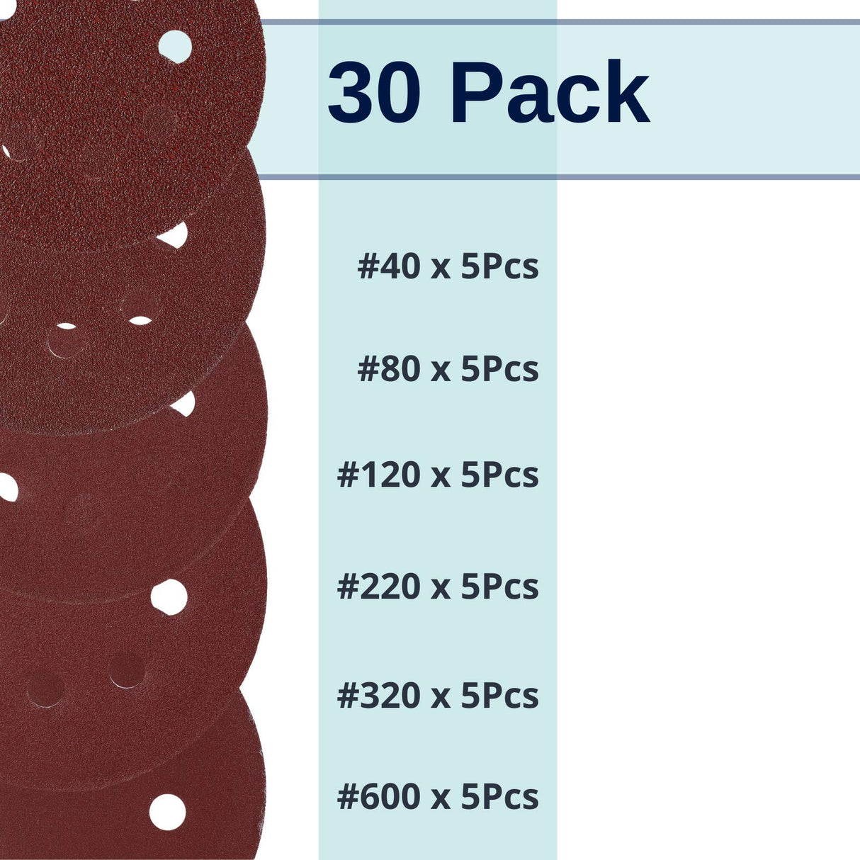 Bates- Sanding Discs 5 Inch 8 Hole, 30 Pack, Assorted Grits 40 80 120 220 320 600, Sanding Discs, Sanding Pads, Hook and Loop Sanding Disc, 8 Hole Sanding Discs, Round Sandpaper Discs, 5 inch Sanding Bates Choice