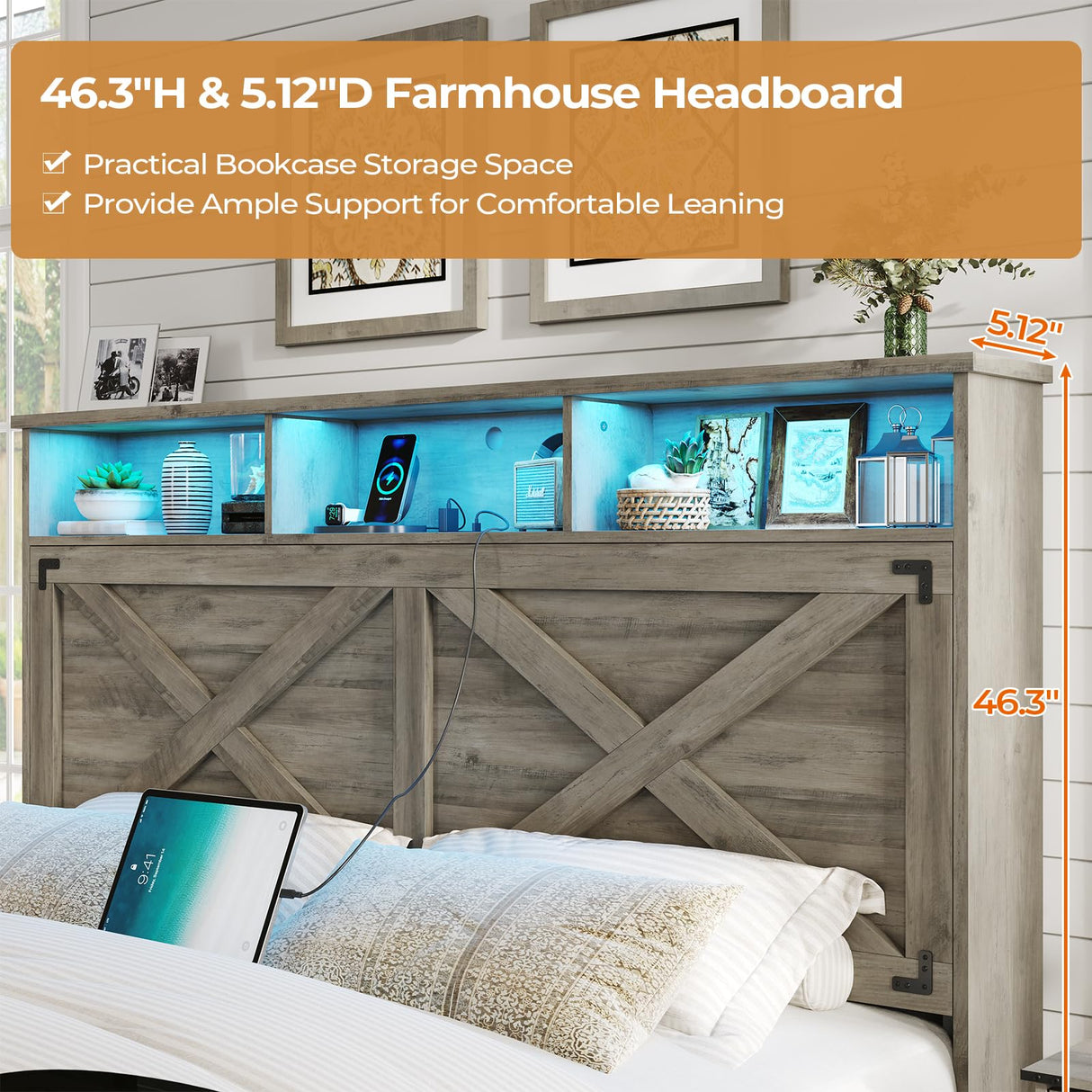 DICTAC Farmhouse Bed Frame Queen Size with Storage Headboard, Charging Station and Ottoman Rustic Queen Platform Bed Frame with Led Lights,Metal Slats Support,No Box Spring Needed,Oak Gray DICTAC