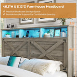 DICTAC Farmhouse Bed Frame Queen Size with Storage Headboard, Charging Station and Ottoman Rustic Queen Platform Bed Frame with Led Lights,Metal Slats Support,No Box Spring Needed,Oak Gray DICTAC