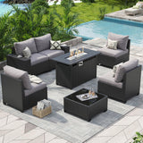 Aoxun Outdoor Patio Furniture Set with 44'' Fire Pit Table, 7 Pcs Outdoor Patio Furniture Sets with 4in Thicken Cushion, Widen Armrests Wicker Outdoor Sectional for Backyard (Waterproof Cover Include) Aoxun