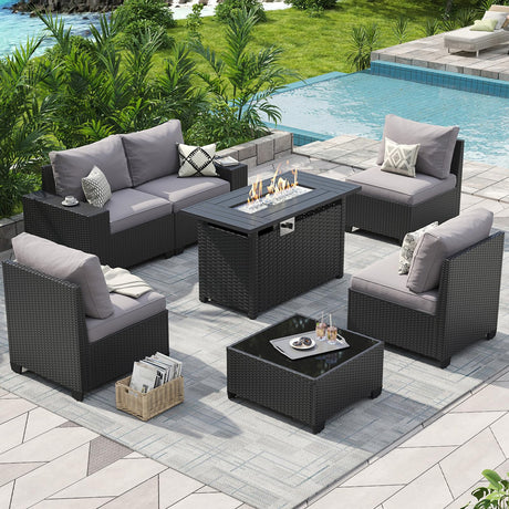 Aoxun Outdoor Patio Furniture Set with 44'' Fire Pit Table, 7 Pcs Outdoor Patio Furniture Sets with 4in Thicken Cushion, Widen Armrests Wicker Outdoor Sectional for Backyard (Waterproof Cover Include) Aoxun