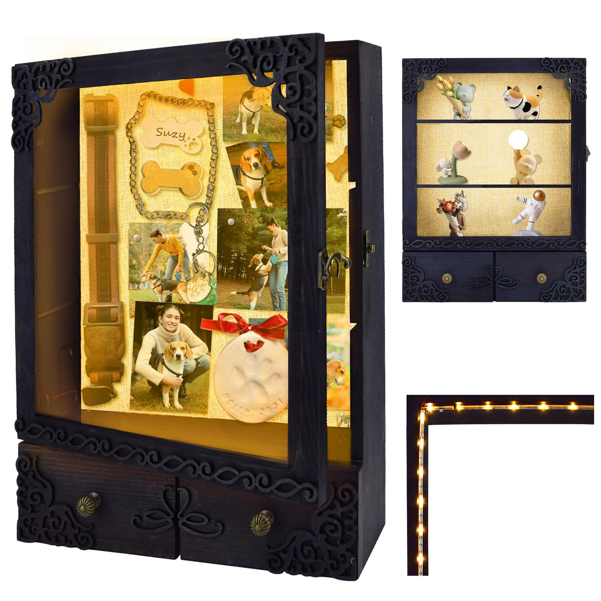 KWYADLUO 11x16 Shadow Box Frame with Light, Memorial Display Case with Shelves, Drawer and Slot for Keepsakes, Large Deep Shadow Box for Flowers and Pet Memorial, Black KWYADLUO