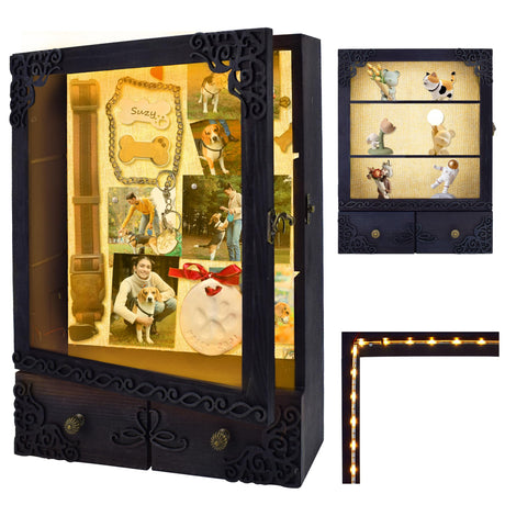 KWYADLUO 11x16 Shadow Box Frame with Light, Memorial Display Case with Shelves, Drawer and Slot for Keepsakes, Large Deep Shadow Box for Flowers and Pet Memorial, Black KWYADLUO