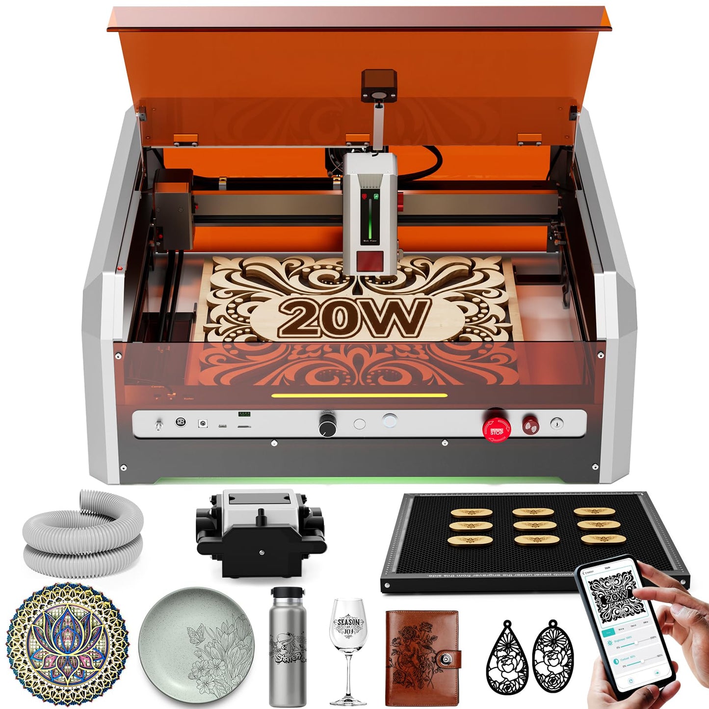 20W Laser Engraver, Woxcker L8 MAX Laser Engraving Machine, All-in-one Enclosure with Air Assist, Camera, Honeycomb, Pre-Assemble 40000mm/min Laser Cutter Multiple Protection, for Wood Metal  - WoodArtSupply