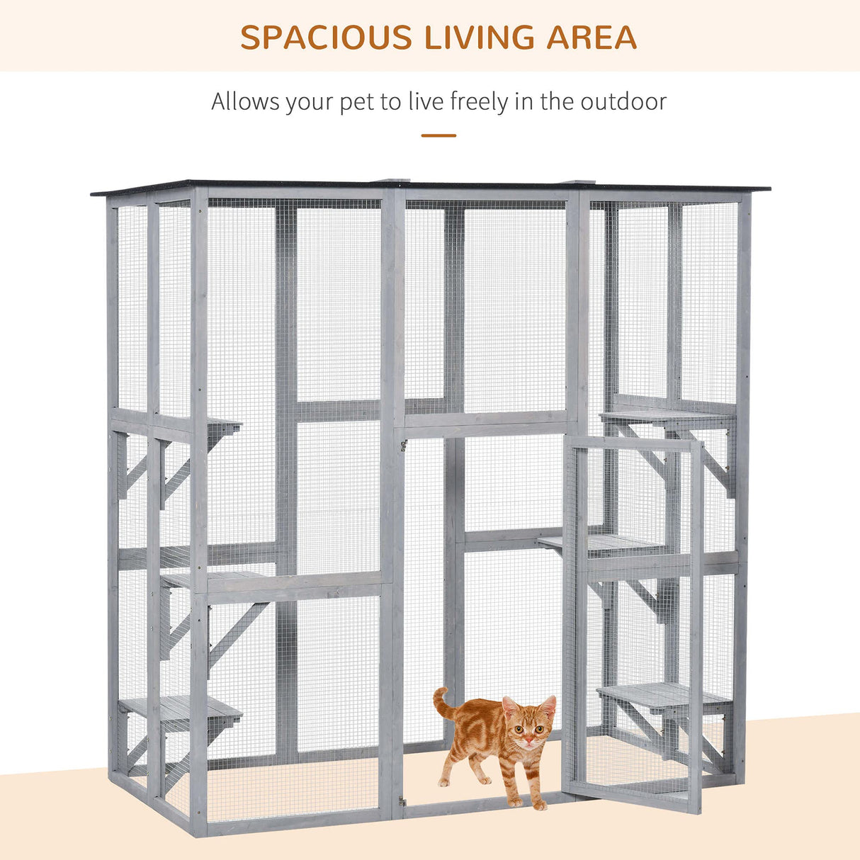 PawHut Outdoor Cat House Big Catio Wooden Feral Cat Shelter Enclosure with Large Spacious Interior, 6 High Ledges, Weather Protection Asphalt Roof, 71" L, Grey PawHut