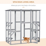PawHut Outdoor Cat House Big Catio Wooden Feral Cat Shelter Enclosure with Large Spacious Interior, 6 High Ledges, Weather Protection Asphalt Roof, 71" L, Grey PawHut
