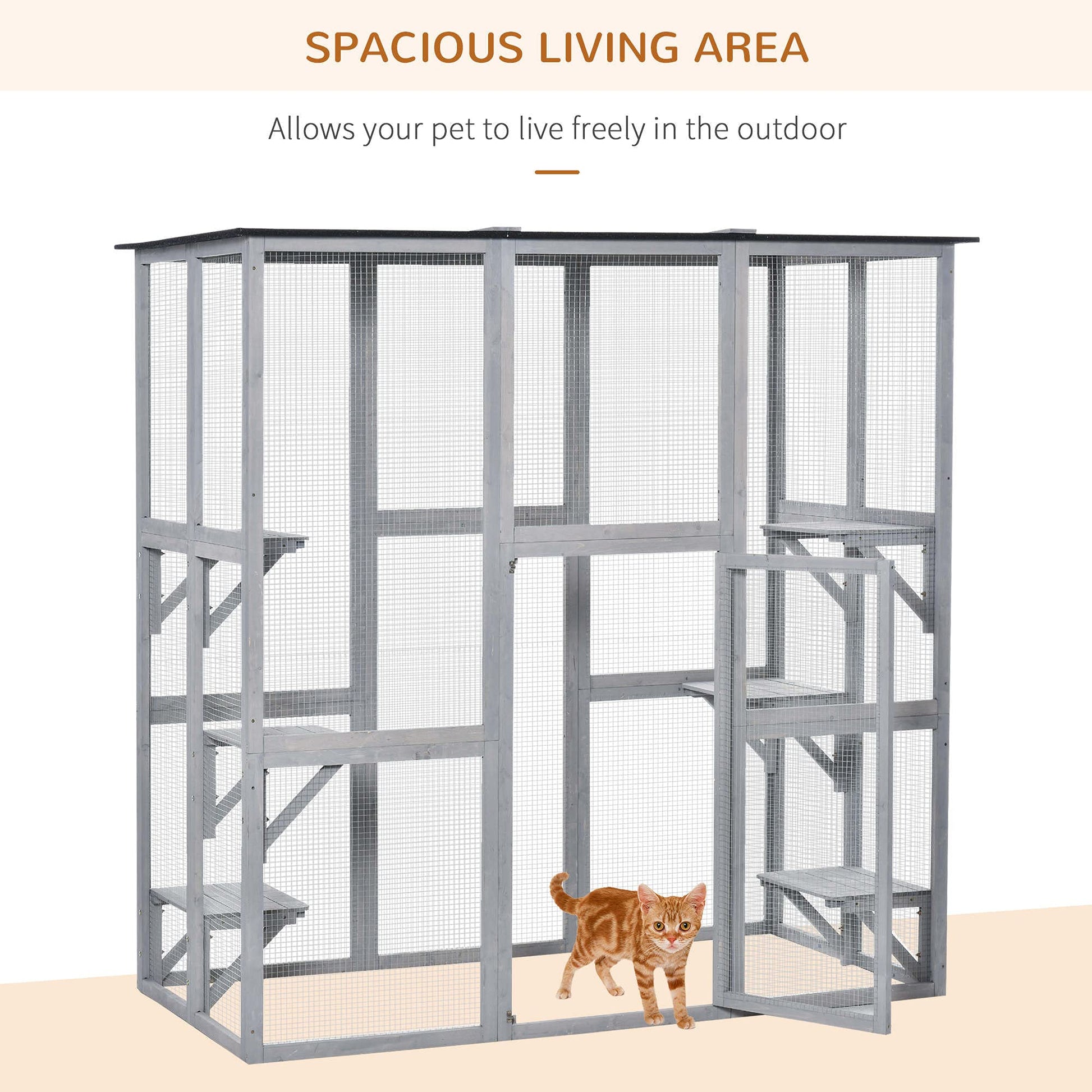 PawHut Outdoor Cat House Big Catio Wooden Feral Cat Shelter Enclosure with Large Spacious Interior, 6 High Ledges, Weather Protection Asphalt Roof, 71" L, Grey - WoodArtSupply