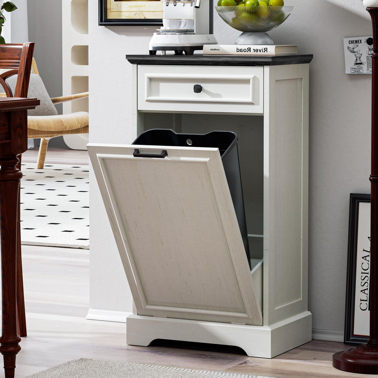 Spurgehom 13 Gallons Tilt Out Trash Cabinet Free Standing Kitchen Trash Garbage Bin Recycling Trash Cabinets with Hideaway Drawer Pet Proof Trash Can Holder for Kitchen, Antique White and Black Spurgehom