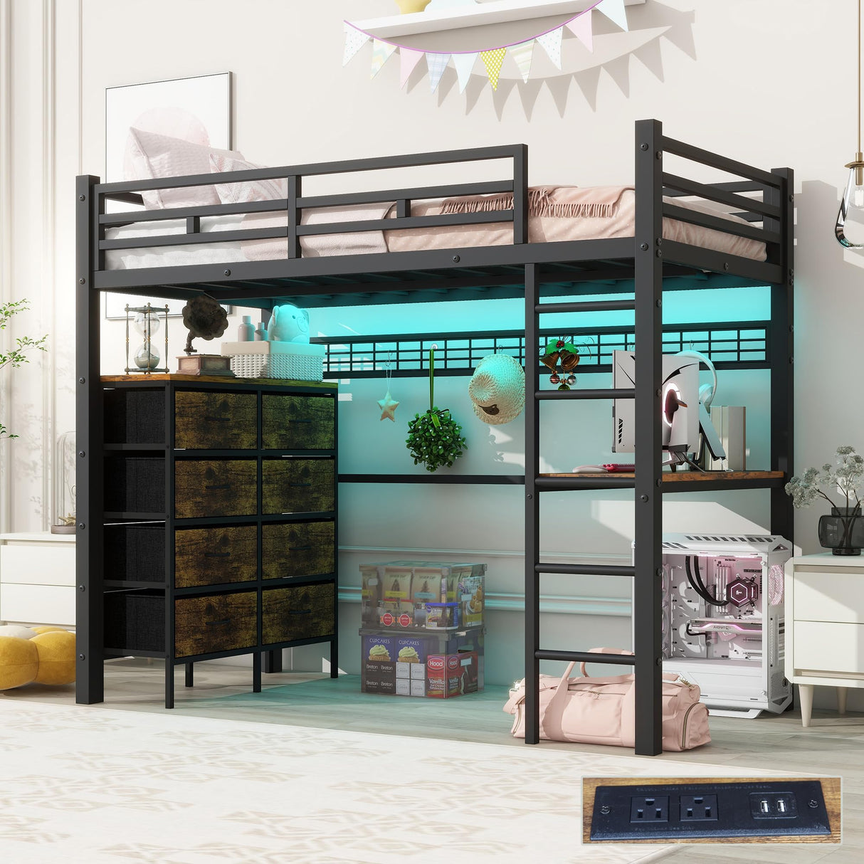 FULLJOJOR Loft Bed Twin Size with Desk, 8 Storage Drawers, Power Outlet, LED Metal Loft Bed with Storage Shelve, Bed with Safety Guardrail & Ladders,Space-Saving,Black FULLJOJOR