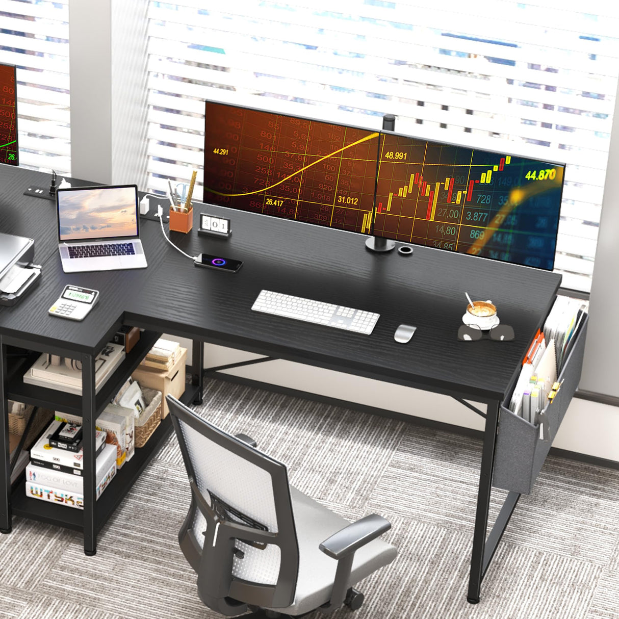 EnHomee 47" Computer Desk with Power Outlets,L Shaped Desk with Storage Shelves,Home Offic Corner Desk for Work,Writing Study Desk with Gaming Desk for Bedroom Office Dorm,Black EnHomee