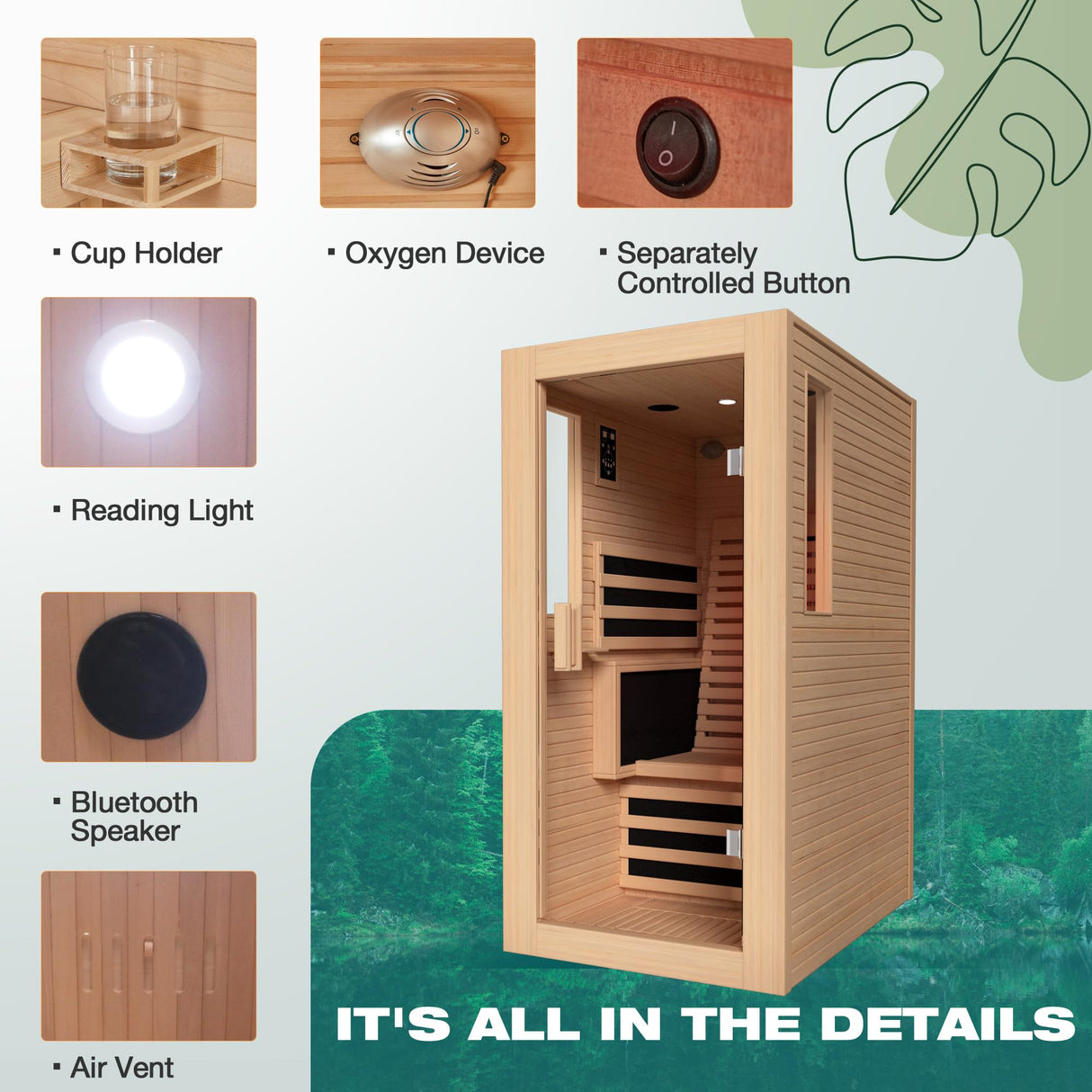 SWHSE Full Spectrum Infrared Sauna, Personal Sauna for Home with 7 Heating Panels&1 Carbon Tube,Indoor Dry Sauna with Adjustable Seat and Bluetooth Speaker，Canadian Hemlock,120V SWHSE
