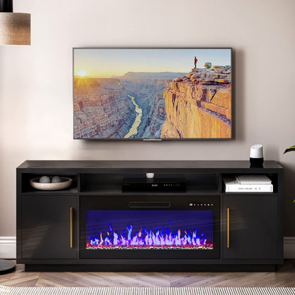 BELLEZE 70" Fireplace TV Stand for TVs Up to 75", LED Light Entertainment Center with 36" Electric Fireplace Heater, Storage Cabinet, Media Console Table for Living Room - Avenue (Black) - WoodArtSupply