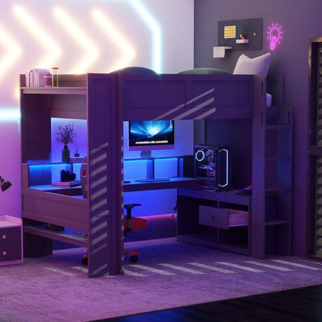 MaiDeHaoo Gaming Loft Bed with Desk and Charging Station Full Loft Bed with LED Lights Loft Bed with Storage - Dark Gray MaiDeHaoo