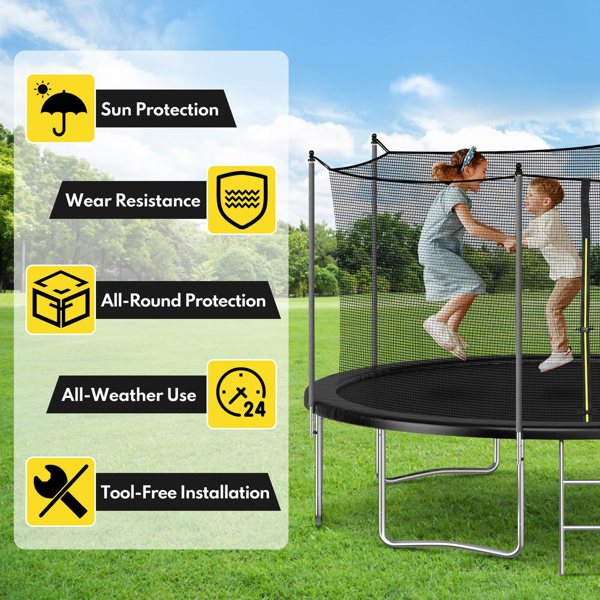 Trampoline Safety Net, 12ft Weather-Resistant Replacement Enclosure Net for 6 Poles Round Frame, with Double-Headed Zippers and Adjustable Straps ZEMBSOYA