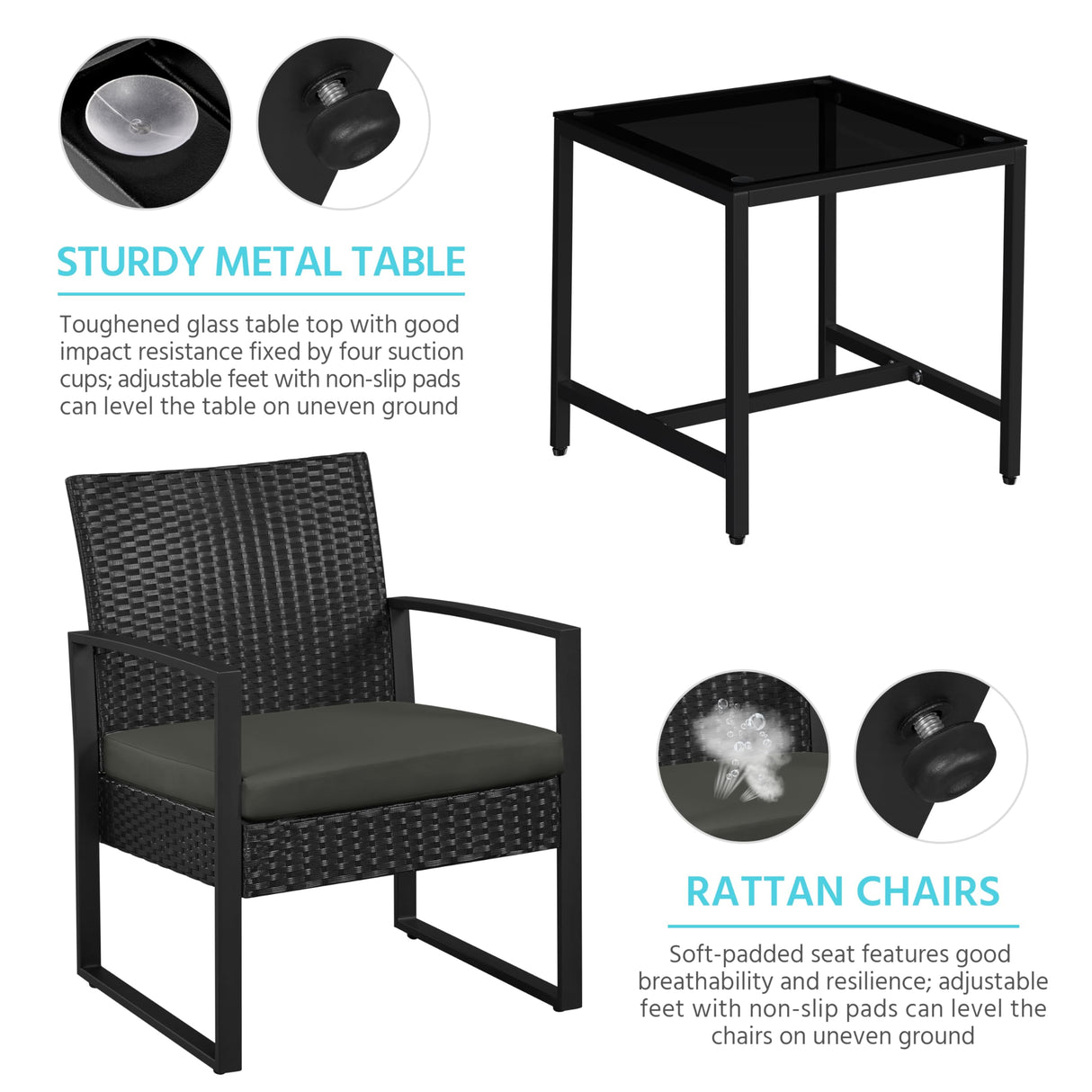 Yaheetech 3 Pieces Rattan Bistro Set, Indoor/Outdoor Wicker Patio Modern Conversation Furniture, 2 Chairs & Tempered Glass Coffee Table for Garden, Balcony, Backyard, Poolside, Black/Gray Yaheetech