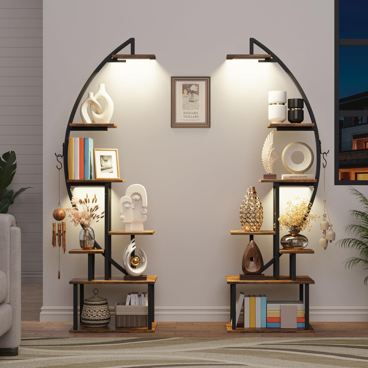 BECOKOME Tall Bookshelf with Lights, 2 Pack Ladder Bookcase, 7 Tier Arched Home Office Storage Book Collectibles Shelves, 64" Modern Corner Display Shelf for Bedroom Living Room Balcony, Rustic Brown BECOKOME
