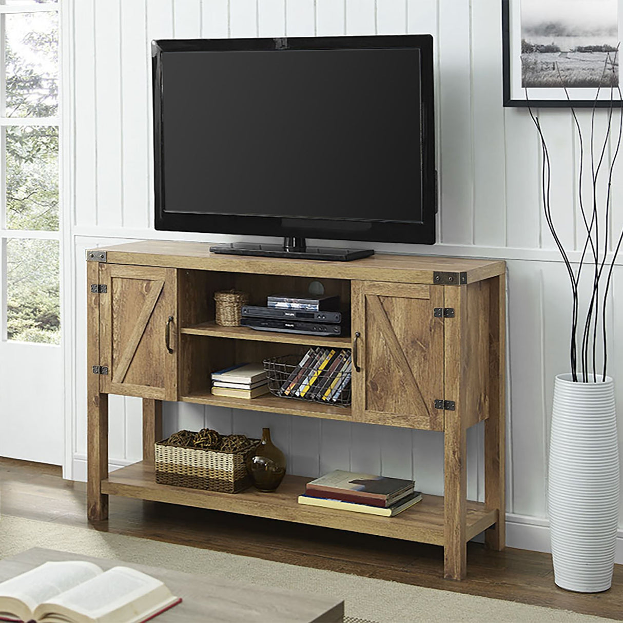 Walker Edison Tallulah Rustic 2 Door TV Stand for TVs up to 58 Inches, 52 Inch, Barnwood Walker Edison